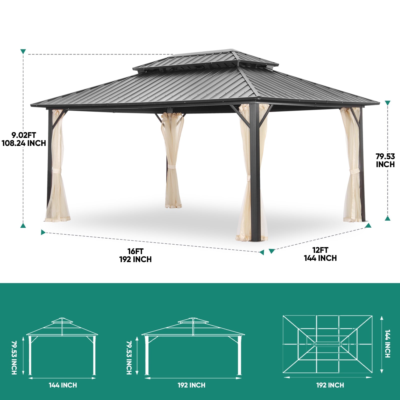 Ainfox 12*16 Ft Patio Gabezo Outdoor Canopy with Mosquito with 2200 lbs weight capacity of snow