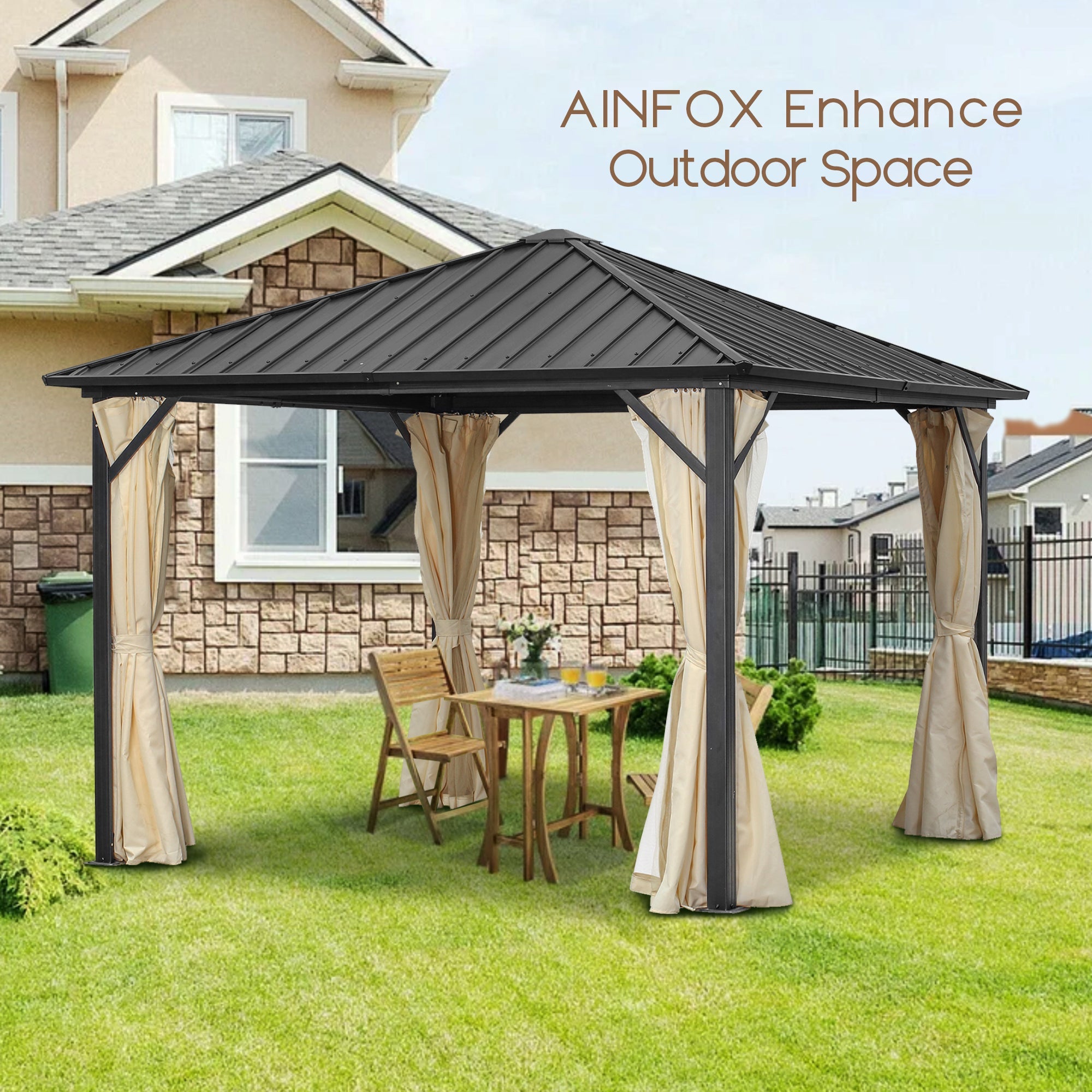 Ainfox 10*10 Ft Outdoor Gazebo With Mosquito, Single-layer top Iron Patio Gazebo