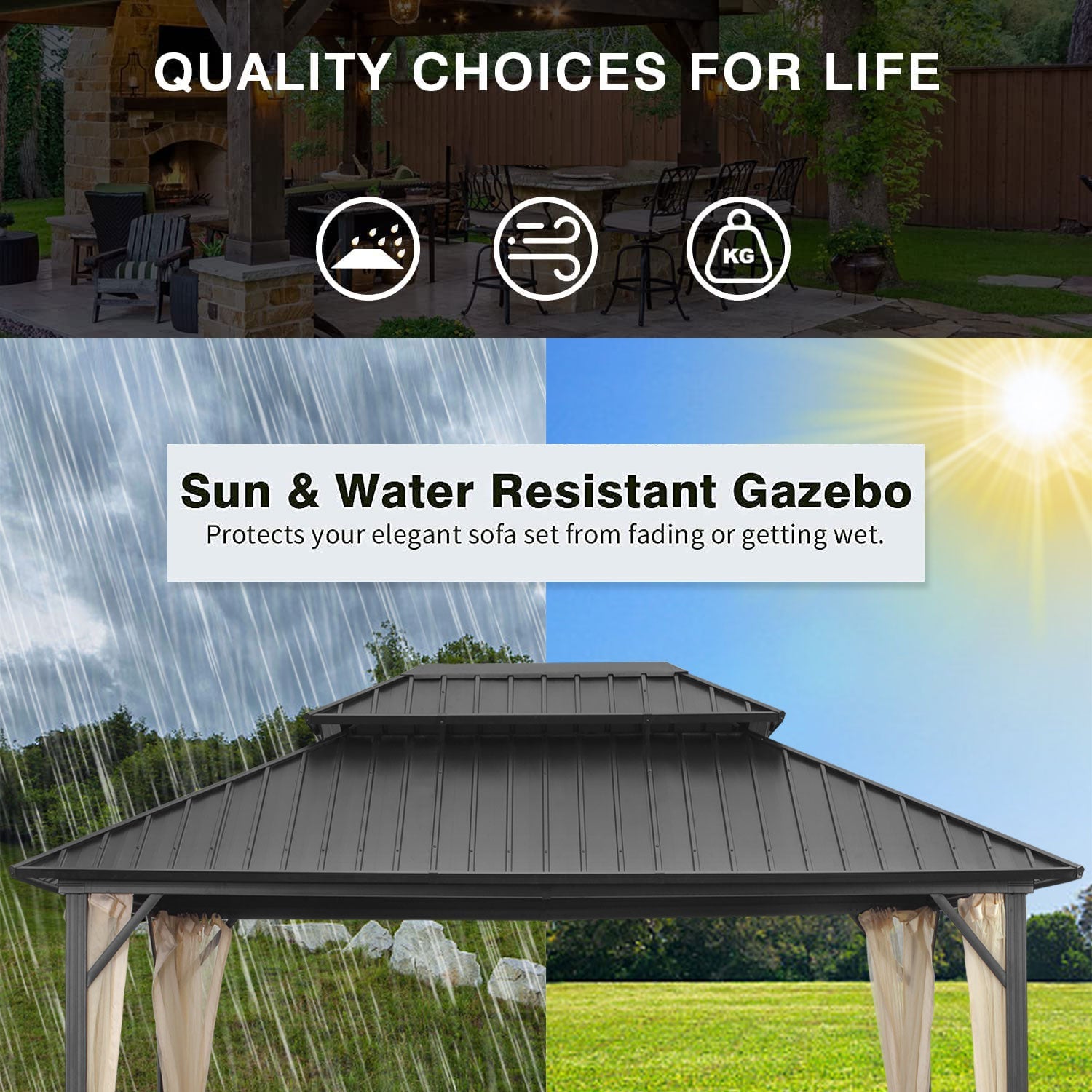 Ainfox 12 ft x 16 ft Steel Outdoor Patio Gazebo with Mesh Screen Double Roof for Lawn, Backyard