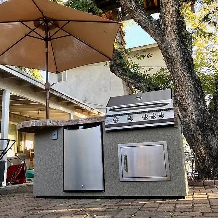 KoKoMo Maui 7'6" BBQ Island with 33" Round Bar and Built-In Grill